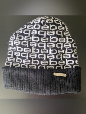 bebe Black and White Logo Knit Beanie
